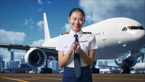 una mujer piloto asiática sonriendo y aplaudiendo sus manos mientras está de pie en el aeródromo con un avión en el fondo