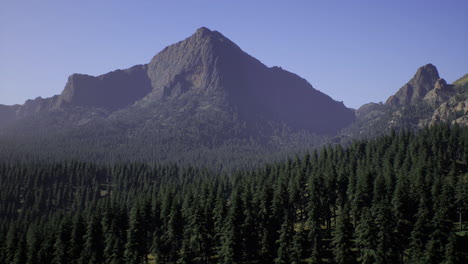 majestic mountain rises above lush evergreen forest during clear day