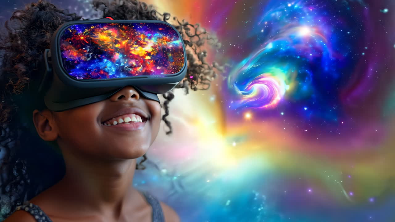 A young girl is wearing a virtual reality headset and smiling. The background is a colorful painting with a galaxy in the background