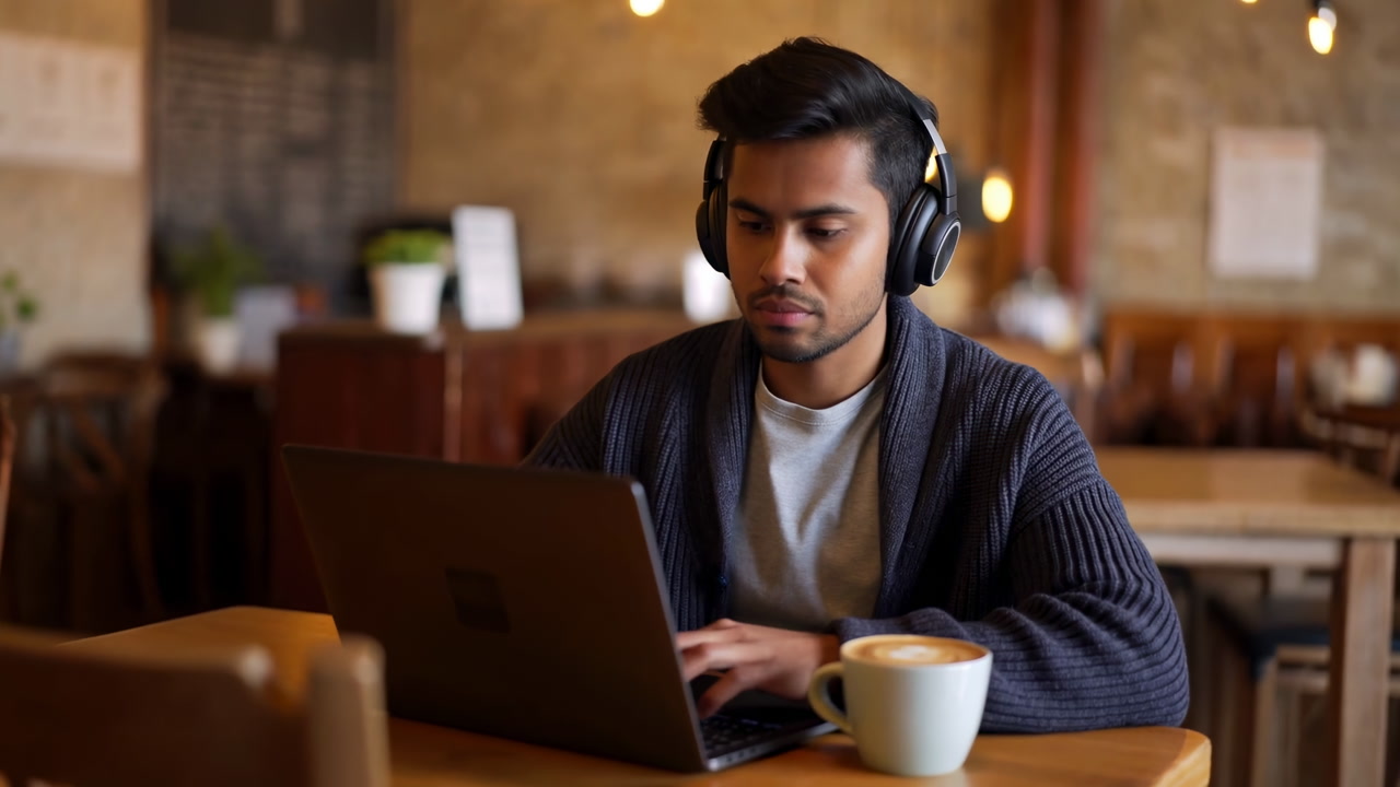 Asian Man Working At Cafe Laptop Wearing Headphones Sipping Latte Focused On Coding In Cozy Brick Interior
