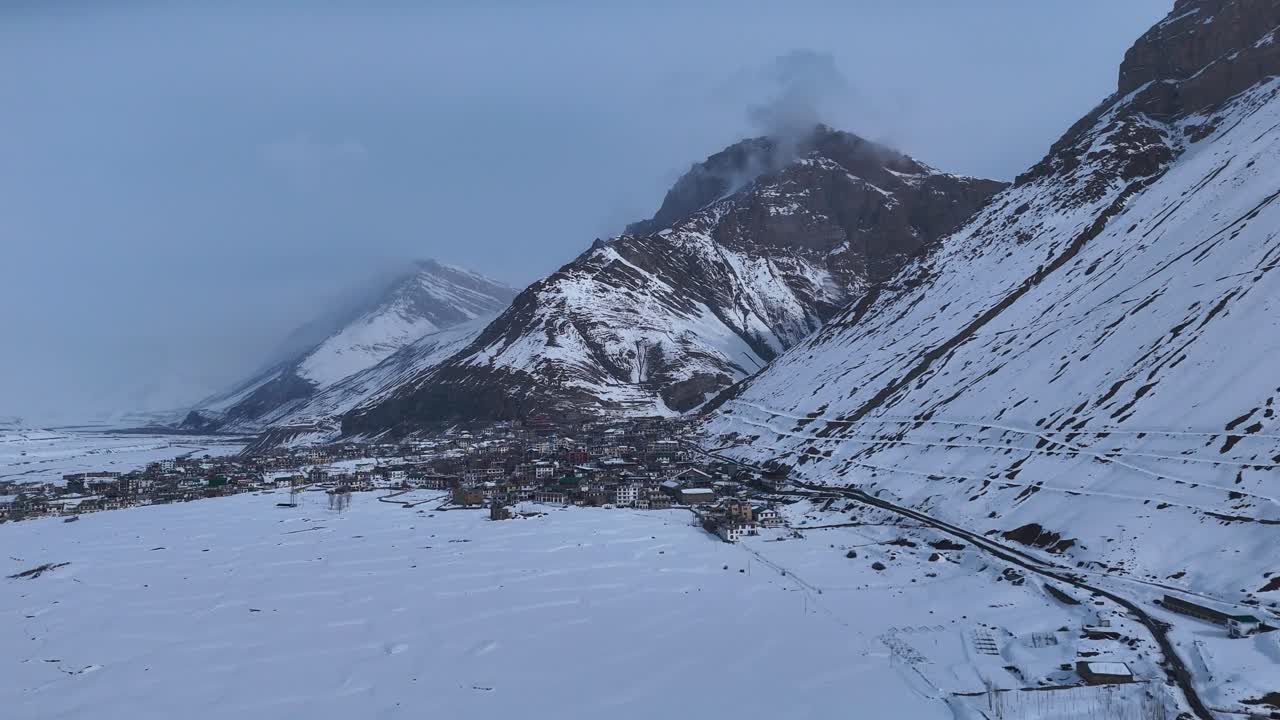 Snowy Mountain Village in Himalayas