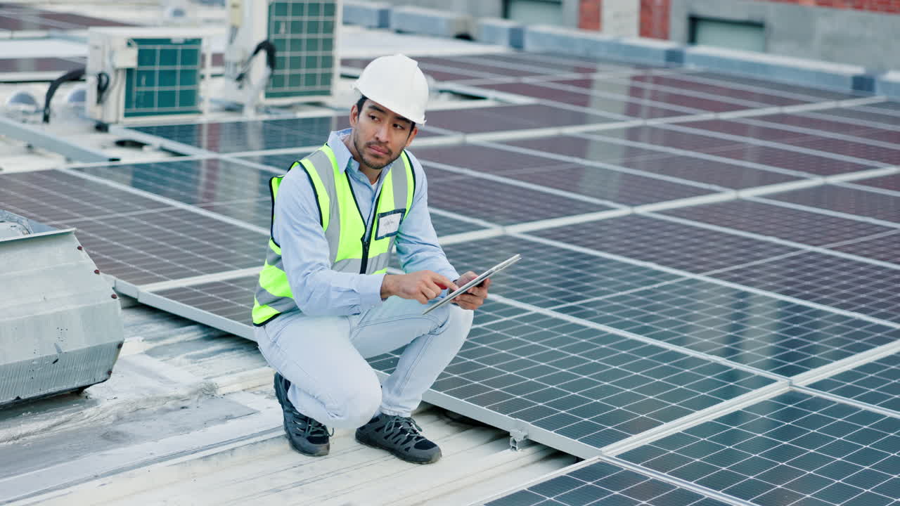 Solar Panel Technician Inspecting Rooftop System