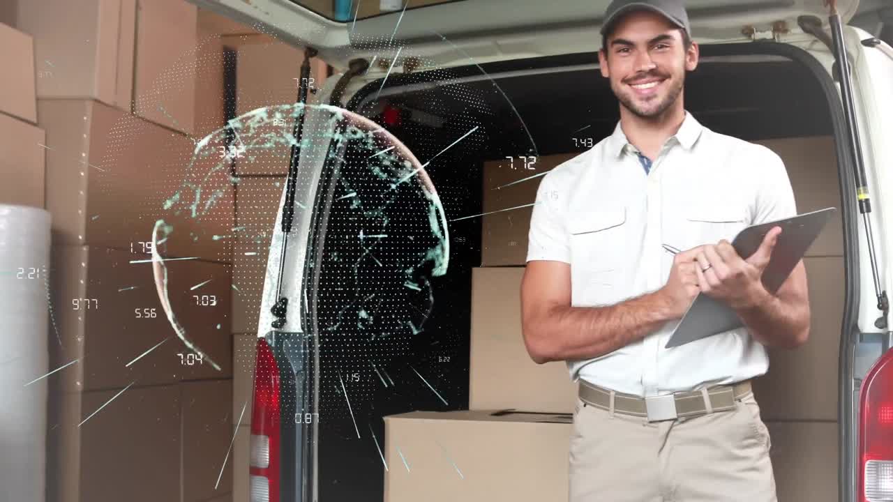 animación del globo de conexiones sobre el hombre de entrega con el portapapeles