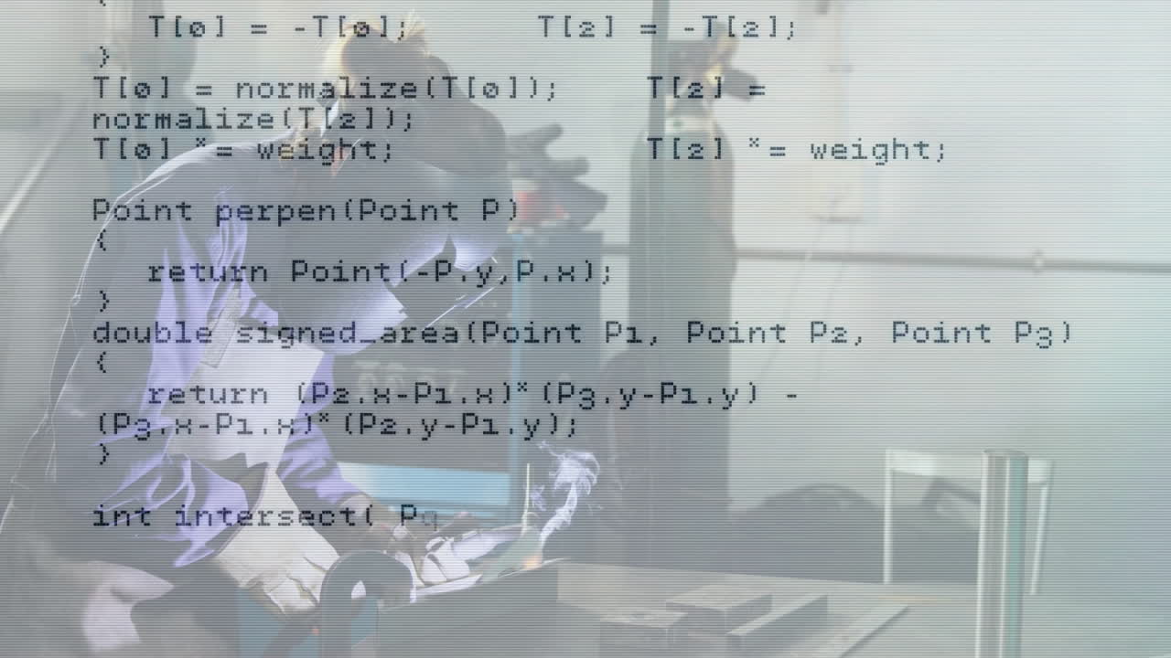 woman wearing VR headset reaching forward in technology workspace, displaying floating code lines
