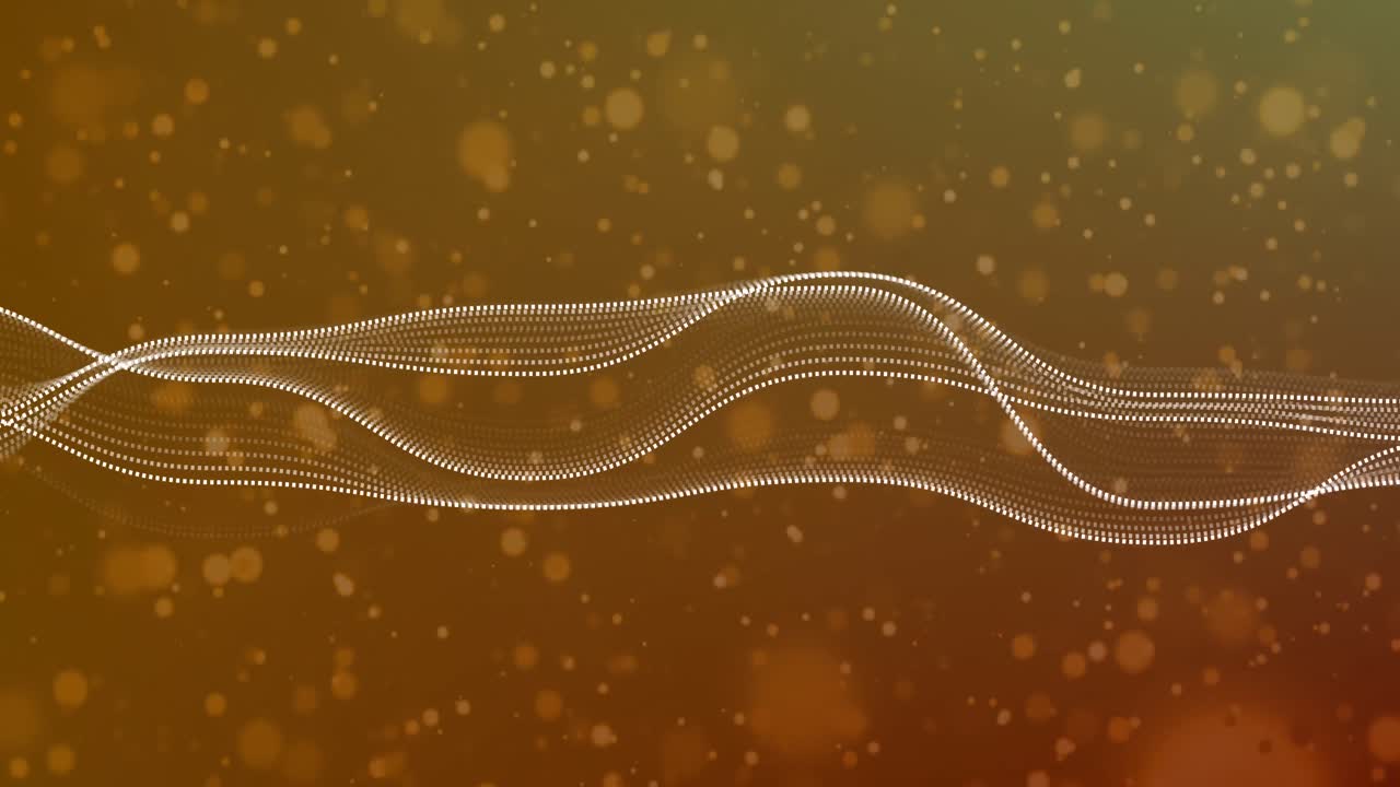 animación de ondas digitales y manchas flotantes contra un fondo de gradiente amarillo.