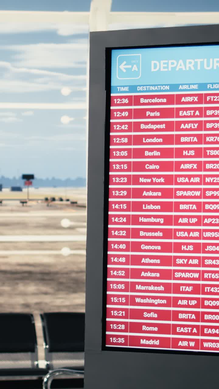 Vídeo Vertical: Close-up de Tela com Todos os Voos Cancelados, Marcado por Textos de Aviso Vermelhos