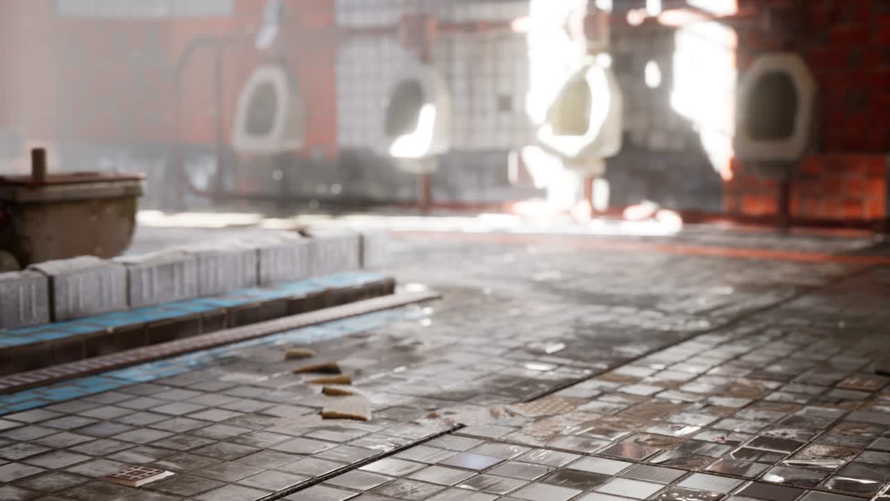 밝은 조명을 가진 버려진 오래된 공공 화장실