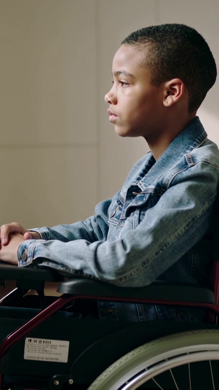 Vertical video: Sitting teen in denim hands on wheelchair tray as camera zooming in clinic awaiting