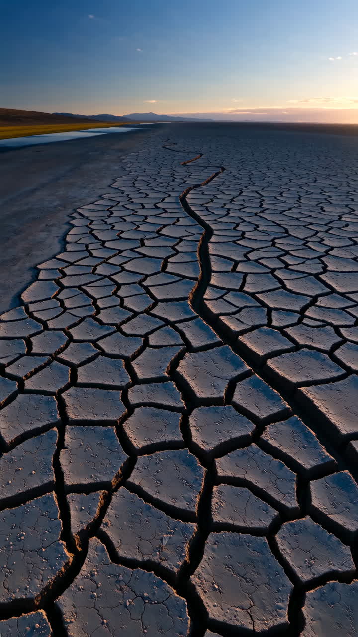 Vast expanse of cracked dry earth under a dramatic sky at sunset