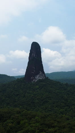 vertical drone shot around the pico cao grande mountain, in sao tome, africa