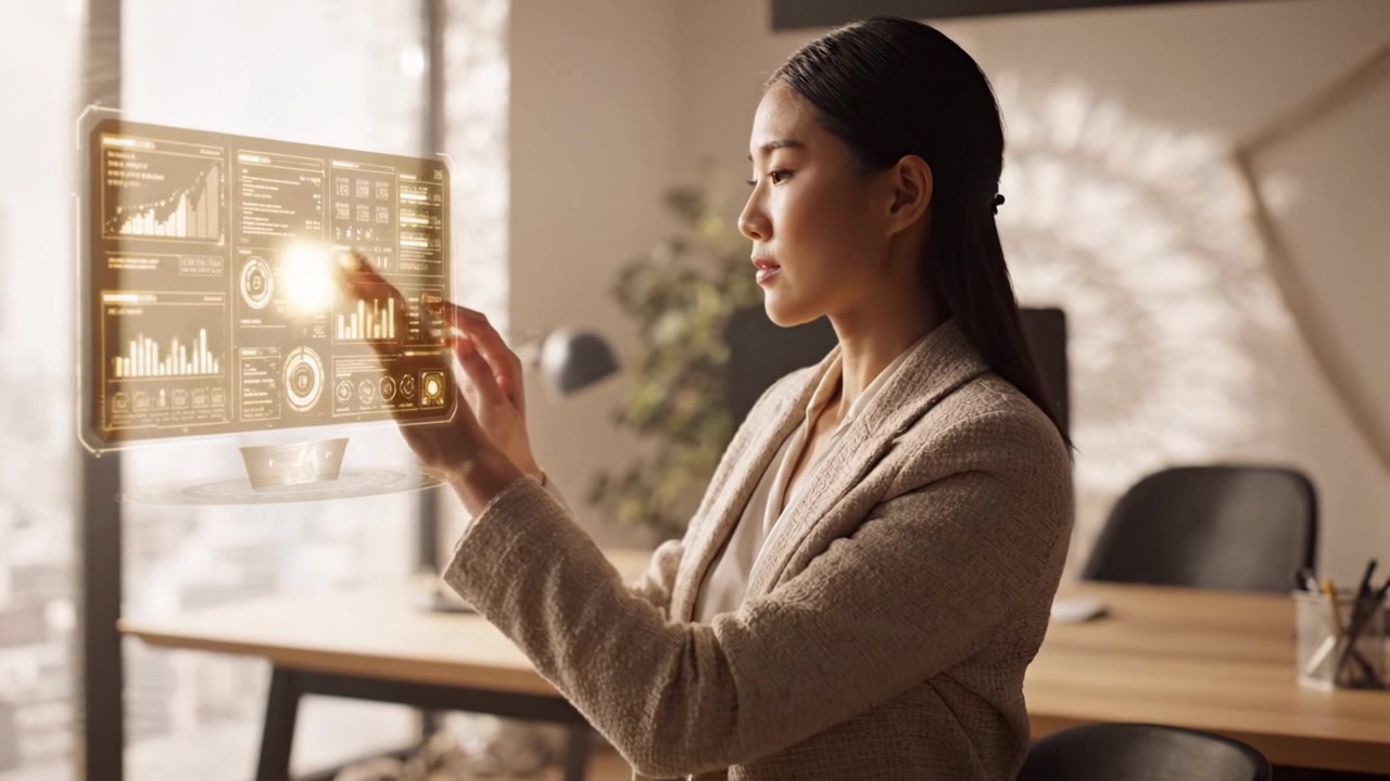 Professional Woman Engaging with a Holographic Interface in a Modern Office Setting, Analyzing Data Trends and Making Strategic Decisions for Future Success