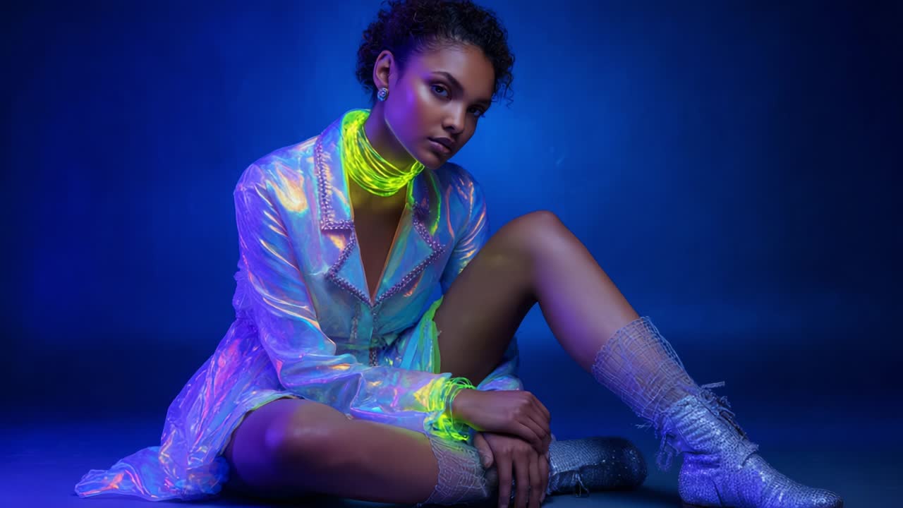 A stunning model poses in an iridescent outfit that captures the light beautifully, showcasing vibrant colors and a unique style, perfectly complemented by glowing accessories and striking footwear