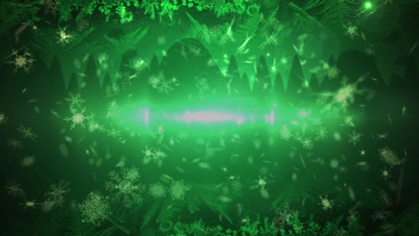 animation of christmas snow falling over christmas decorations on green background