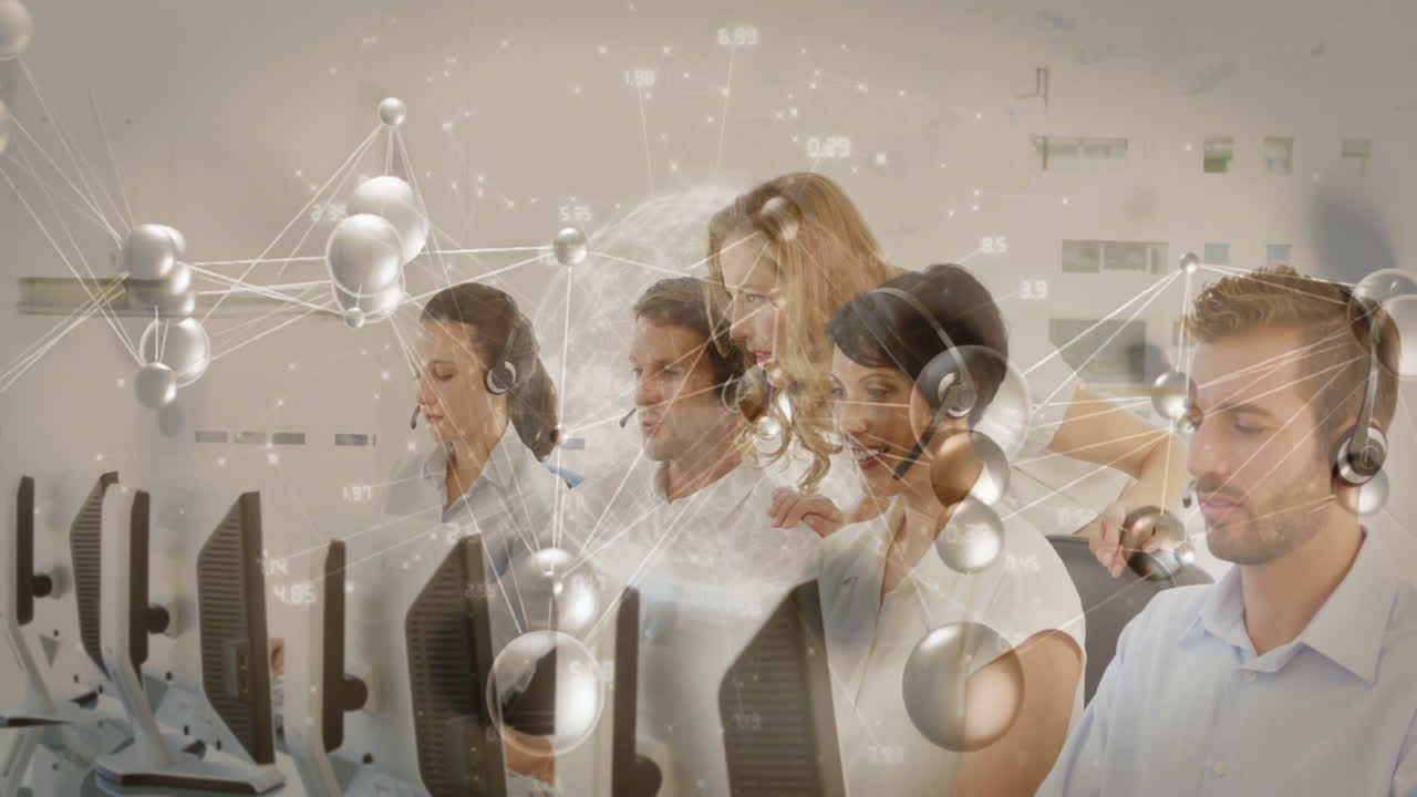 In office, customer service team working on computers with digital animation overlay
