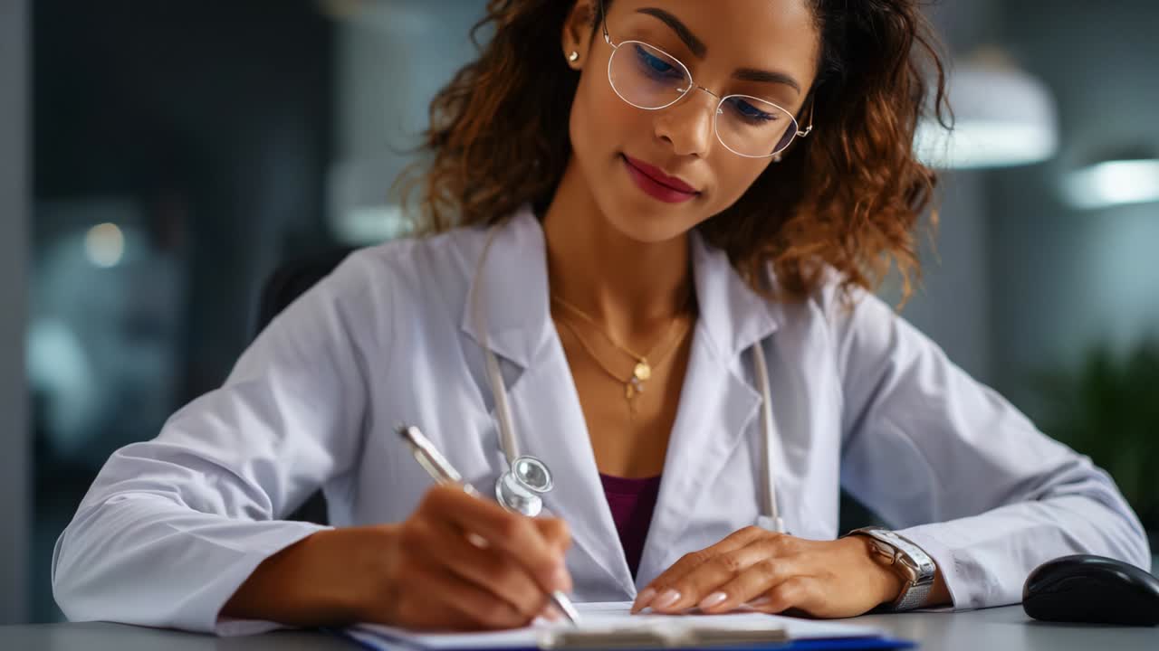 Professionista medico concentrato che prende appunti diligentemente in un contesto clinico, dimostrando dedizione alla cura del paziente con precisione e attenzione, sottolineando l'importanza della documentazione nelle pratiche sanitarie