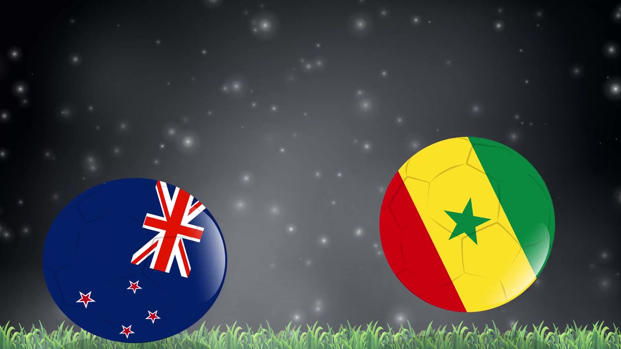 Soccer balls with national flags bounce across green grass under a glowing particle night sky.