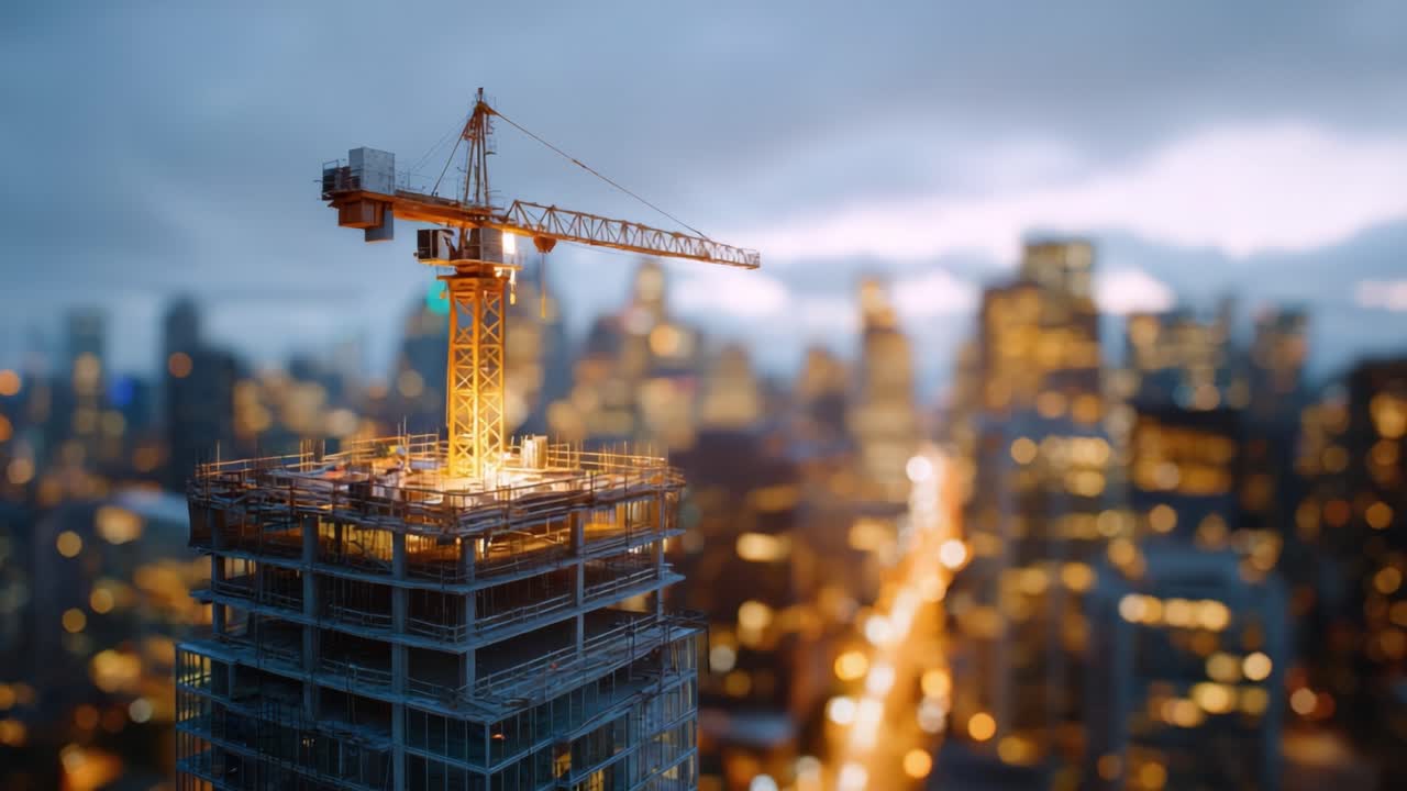 A stunning view of a construction crane atop a skyscraper glowing in the city skyline at dusk showcases the vibrant urban development and architectural progress