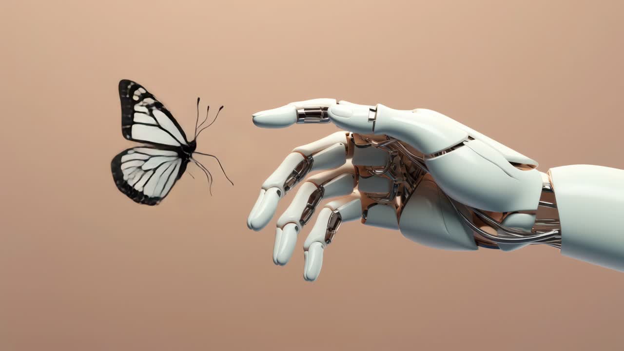 A close-up video still of a robotic hand reaching towards a butterfly, symbolizing technology