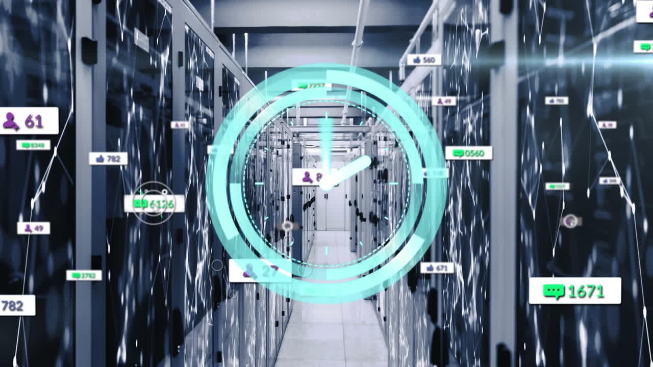 Neon ticking digital clock and social media icons on multiple speech bubble against server room
