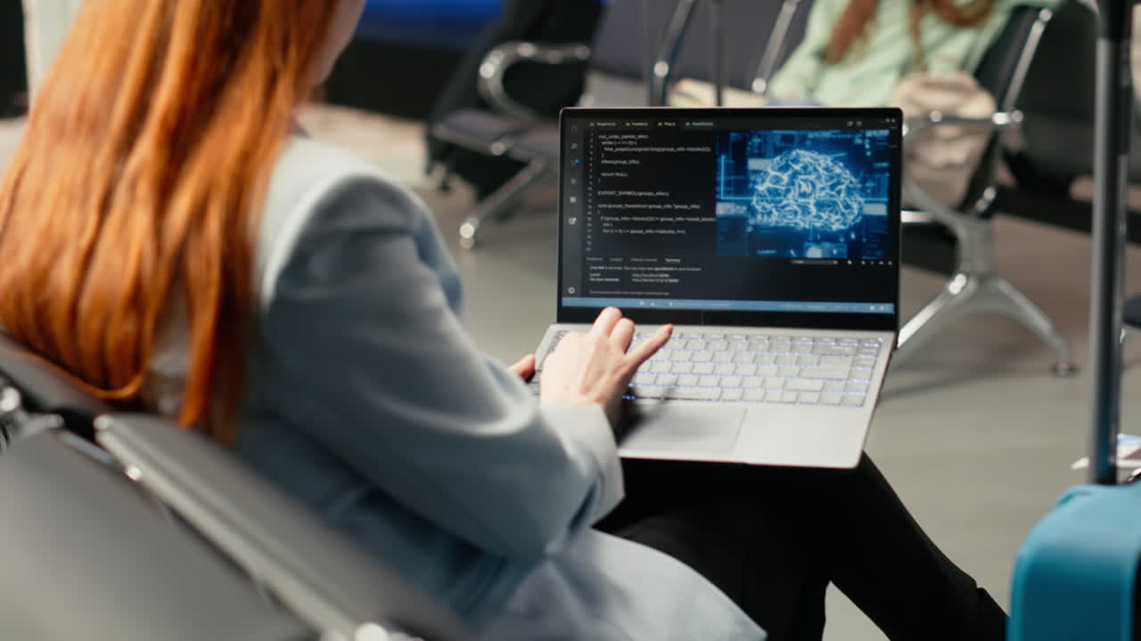 Woman Typing on Laptop with AI Code in Airport Waiting Area