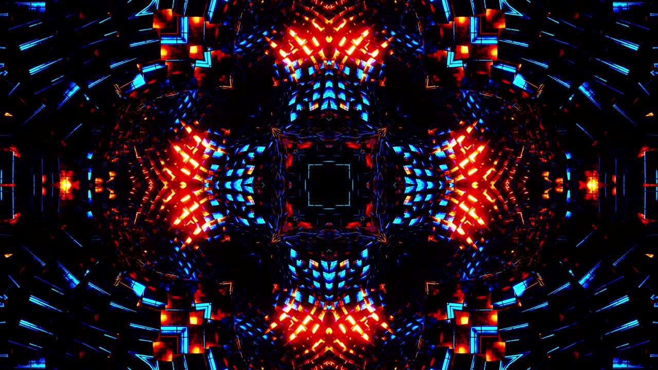 Flying through a tunnel of blue and orange metal cubes. Kaleidoscope VJ loop.