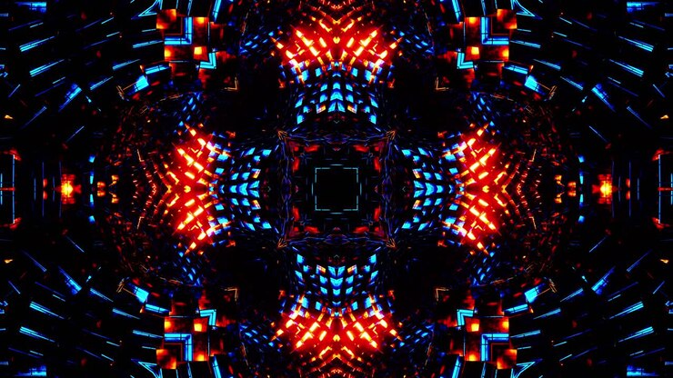 Flying through a tunnel of blue and orange metal cubes. Kaleidoscope VJ loop.