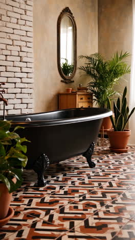 eclectic bathroom with black clawfoot bathtub, potted plants, and geometric tiled floor