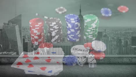 Animation-of-playing-cards-and-chips-on-board-over-cityscape