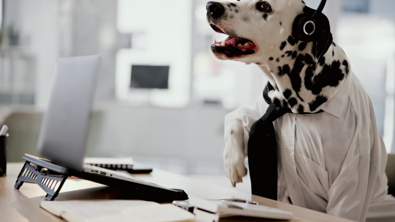 Dalmatian dog working at a desk with a computer