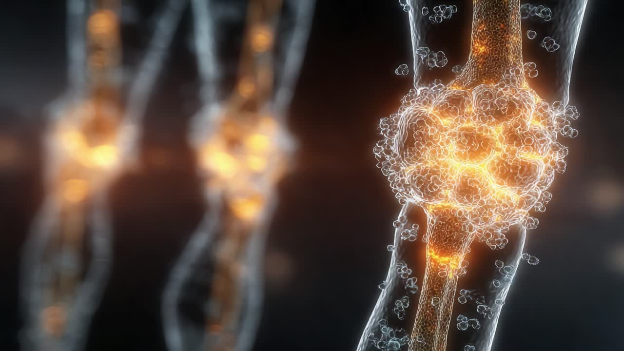Uma visualização detalhada das estruturas articulares que destacam processos biológicos e interações moleculares na anatomia humana dinâmica