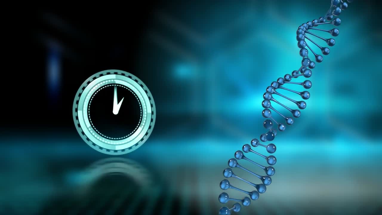 animación de reloj moviéndose sobre cadena de adn y formas en fondo negro