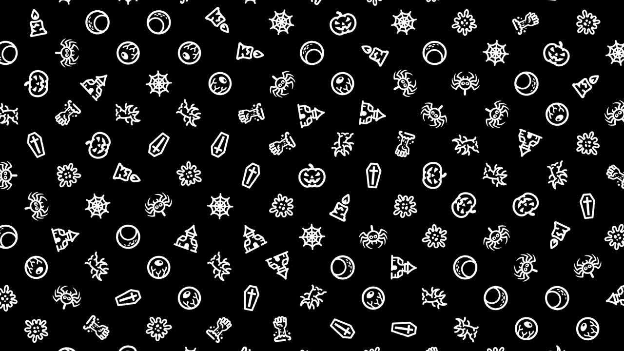 los iconos de halloween, el bucle de animación, el fondo de patrón sin costuras, los pequeños iconos de halloween giran lentamente sobre un fondo negro