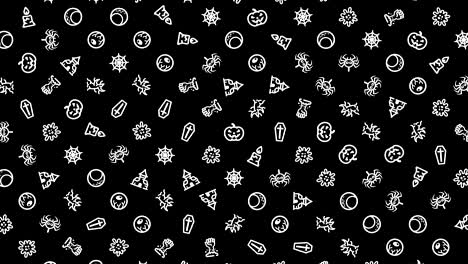los iconos de halloween, el bucle de animación, el fondo de patrón sin costuras, los pequeños iconos de halloween giran lentamente sobre un fondo negro