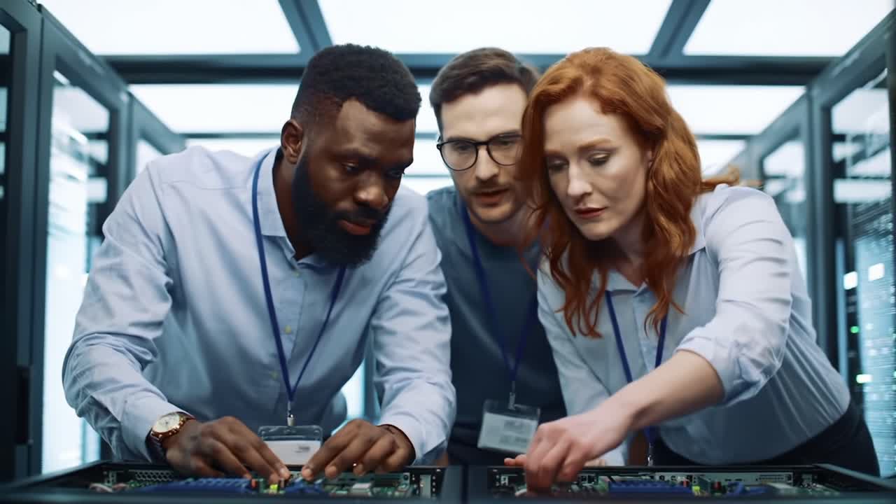 A Team of Technicians Collaborating on Network Hardware Installation in a High-Tech Server Room, Showcasing Their Skills and Dedication to Excellence