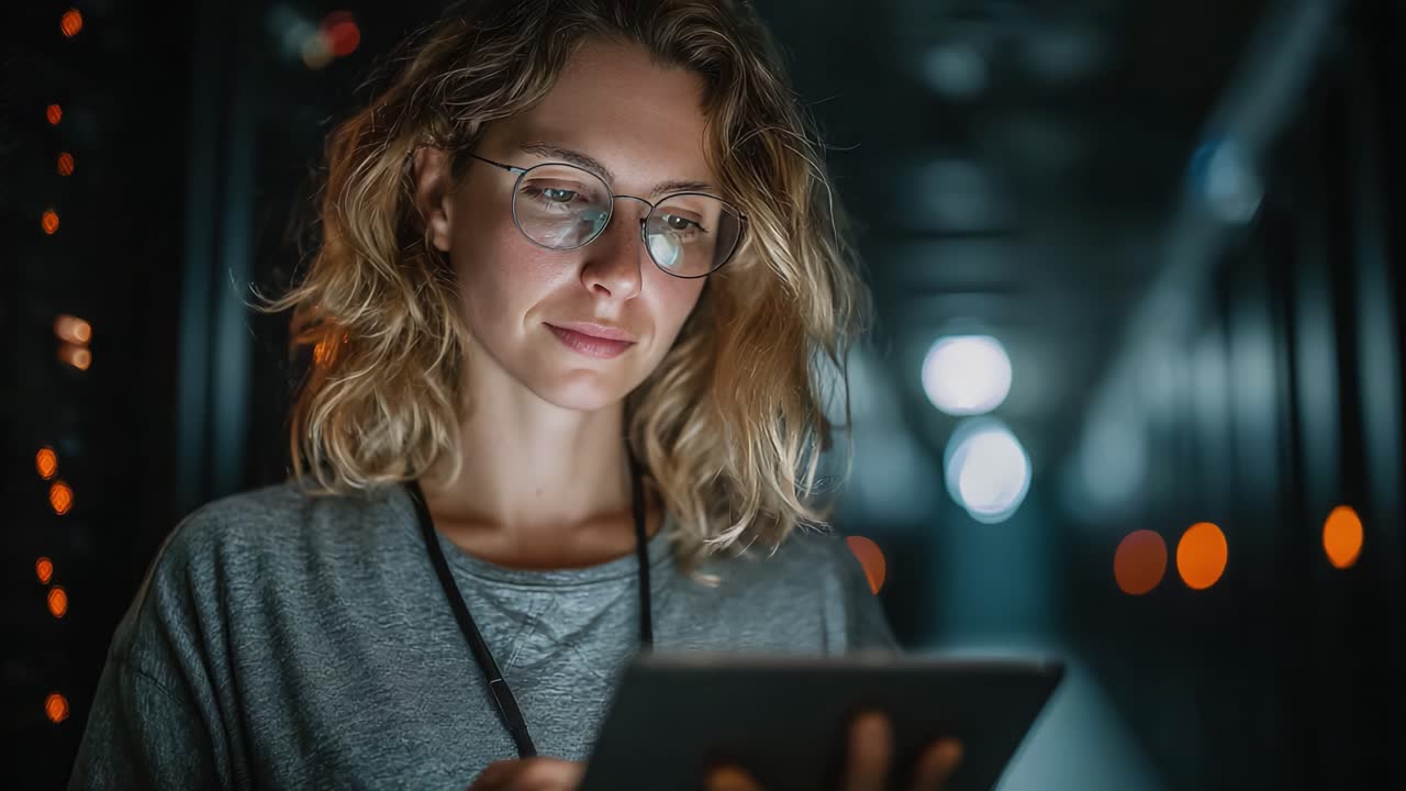 Woman Analyzing Data on Tablet in Server Room: A Professional Engaged in Technology and Digital Solutions Amidst Server Rack Lights