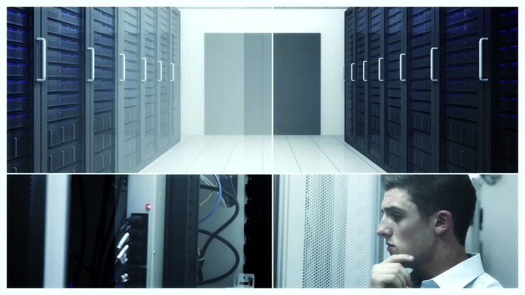 Data center concept with workers