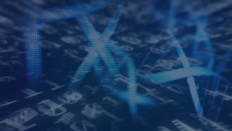 diseños florales sobre la estructura del adn girando contra el procesamiento de datos de codificación binaria en fondo azul