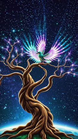 mystical tree with glowing bird in space