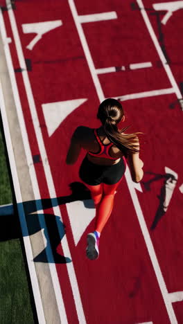 overhead view of a female athlete running on a red track