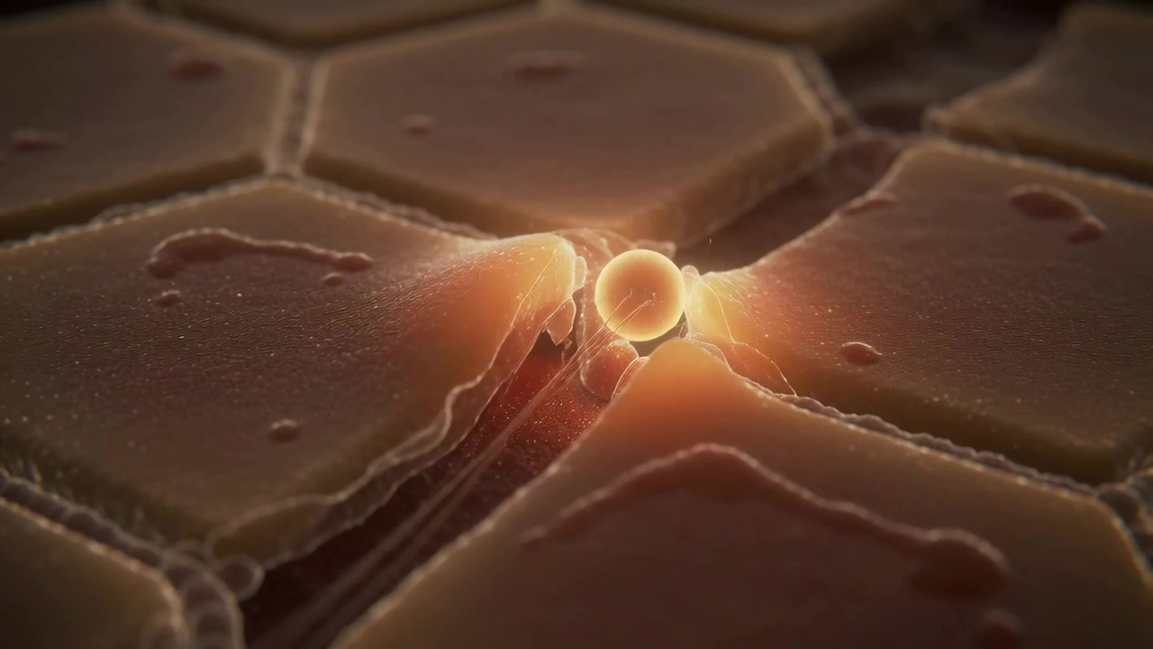 Emitting orange light, glowing sphere moving into seam at micro hex surface, stretching filaments