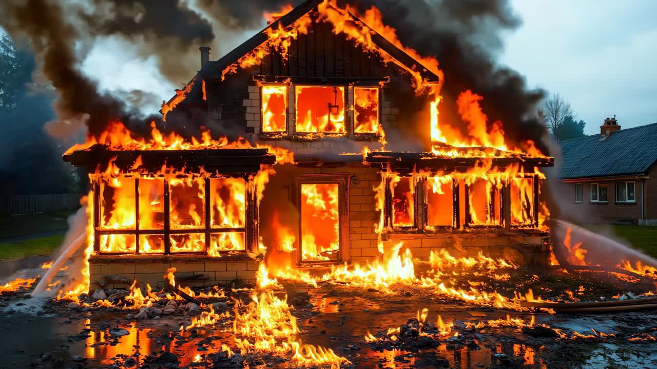 그 앞에 호스와 함께 불타는 집