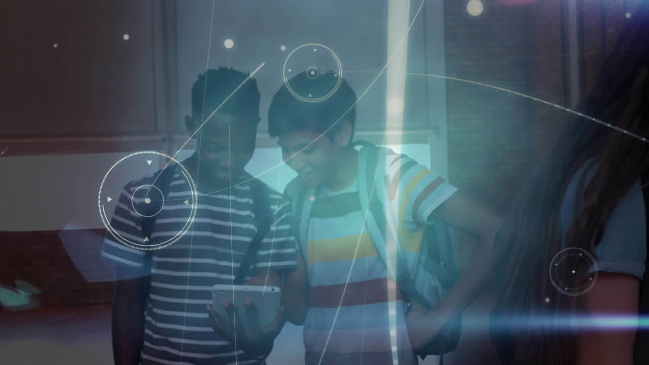 Digital animation showcases schoolchildren's global online network via tablets and smartphones.
