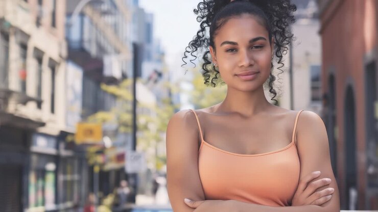 Young woman with curly hair confidently poses in urban street, embodying strength and determination, surrounded by vibrant city life and lively atmosphere