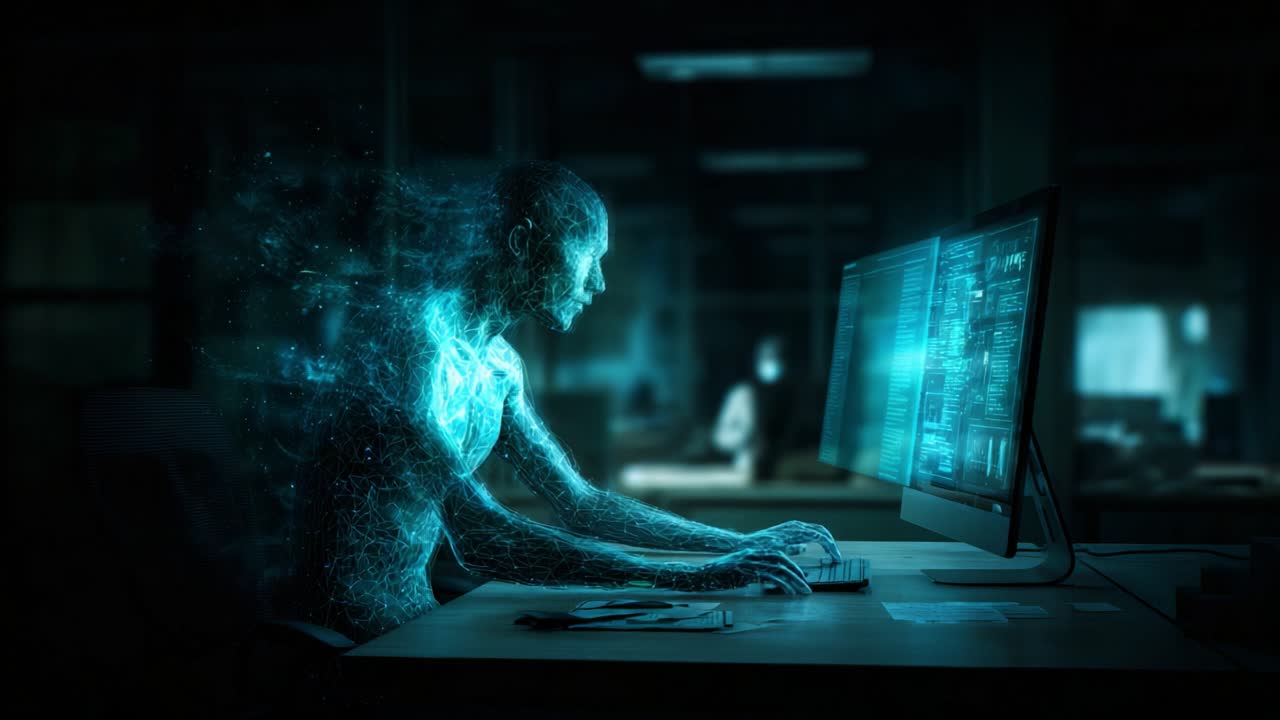 Exploring the Intersection of Technology and Humanity: A Digital Persona Engaged with a Computer Interface, Merging Physical and Virtual Realms in a Futuristic Setting