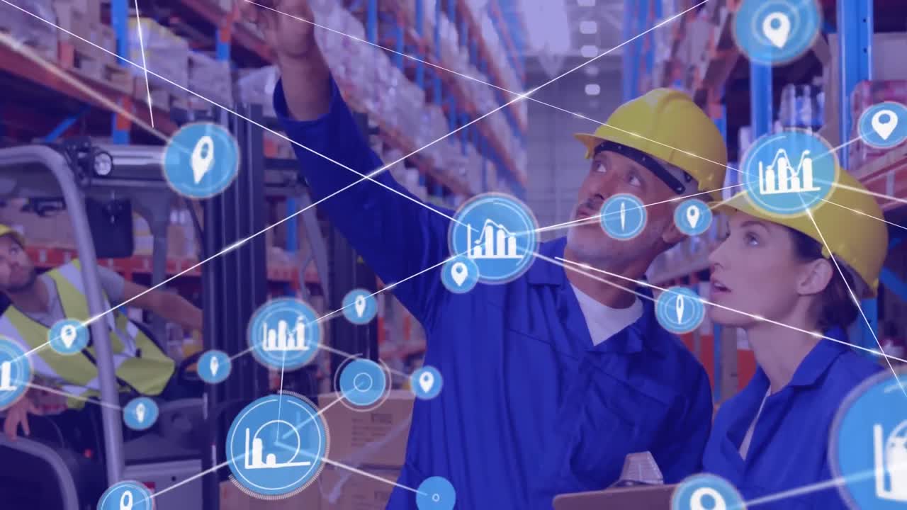 анимация сетей соединений с иконами над людьми, работающими на складе