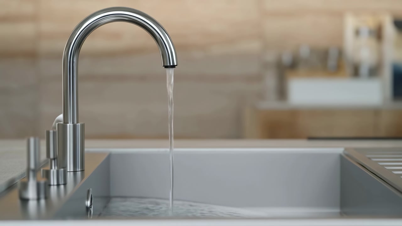 Modern Stainless Steel Faucet Running Water Closeup Shots Capture Chrome Spout, Gentle Stream, Faint Splash,