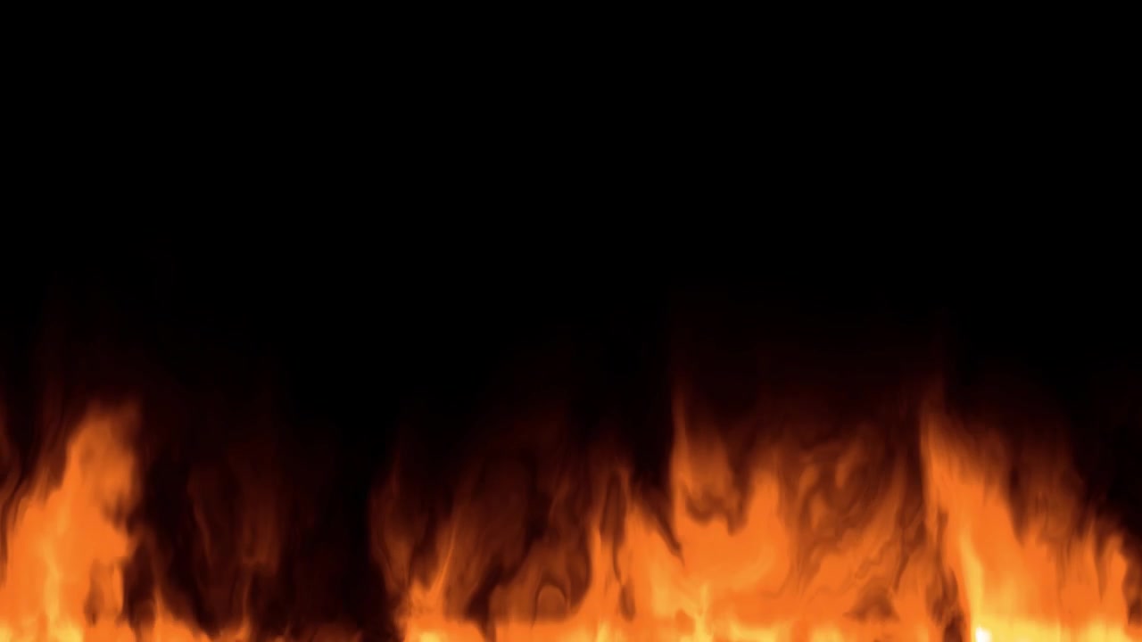 Intense orange flames flicker and rise from a horizontal line against solid black space.