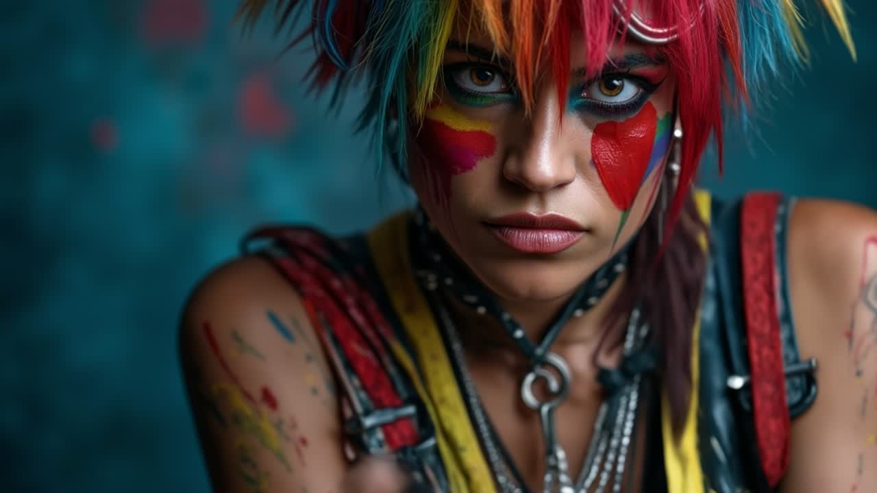 Close up portrait of woman with colorful artistic face paint and edgy punk rock style accessories