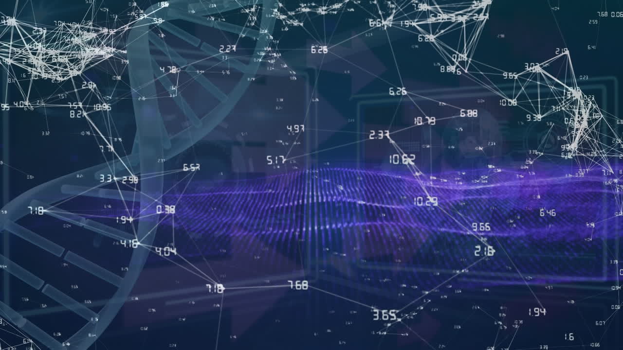 Animation of network of connections over dna strand and data processing on black background
