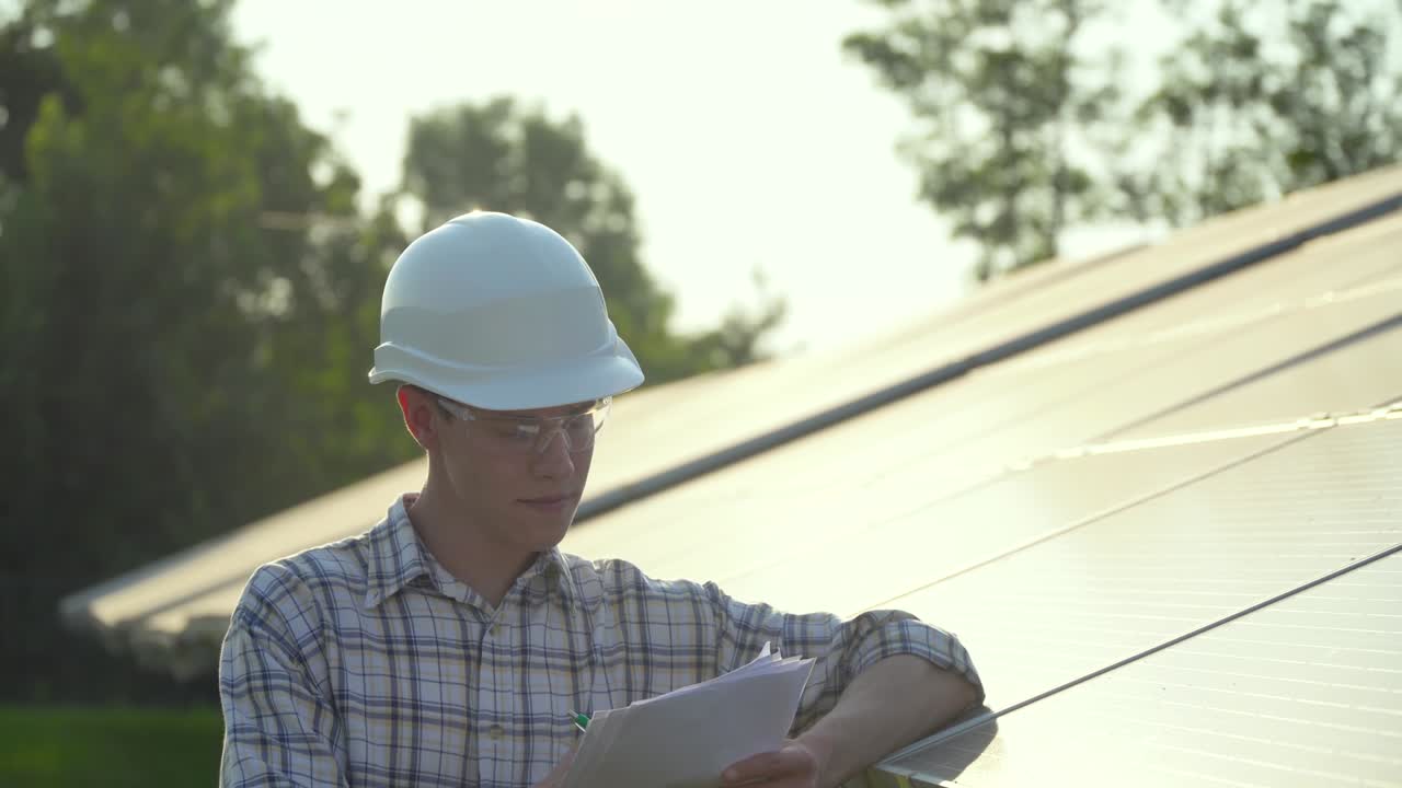 Engineer in a white helmet is at the solar power station. Green energy concept